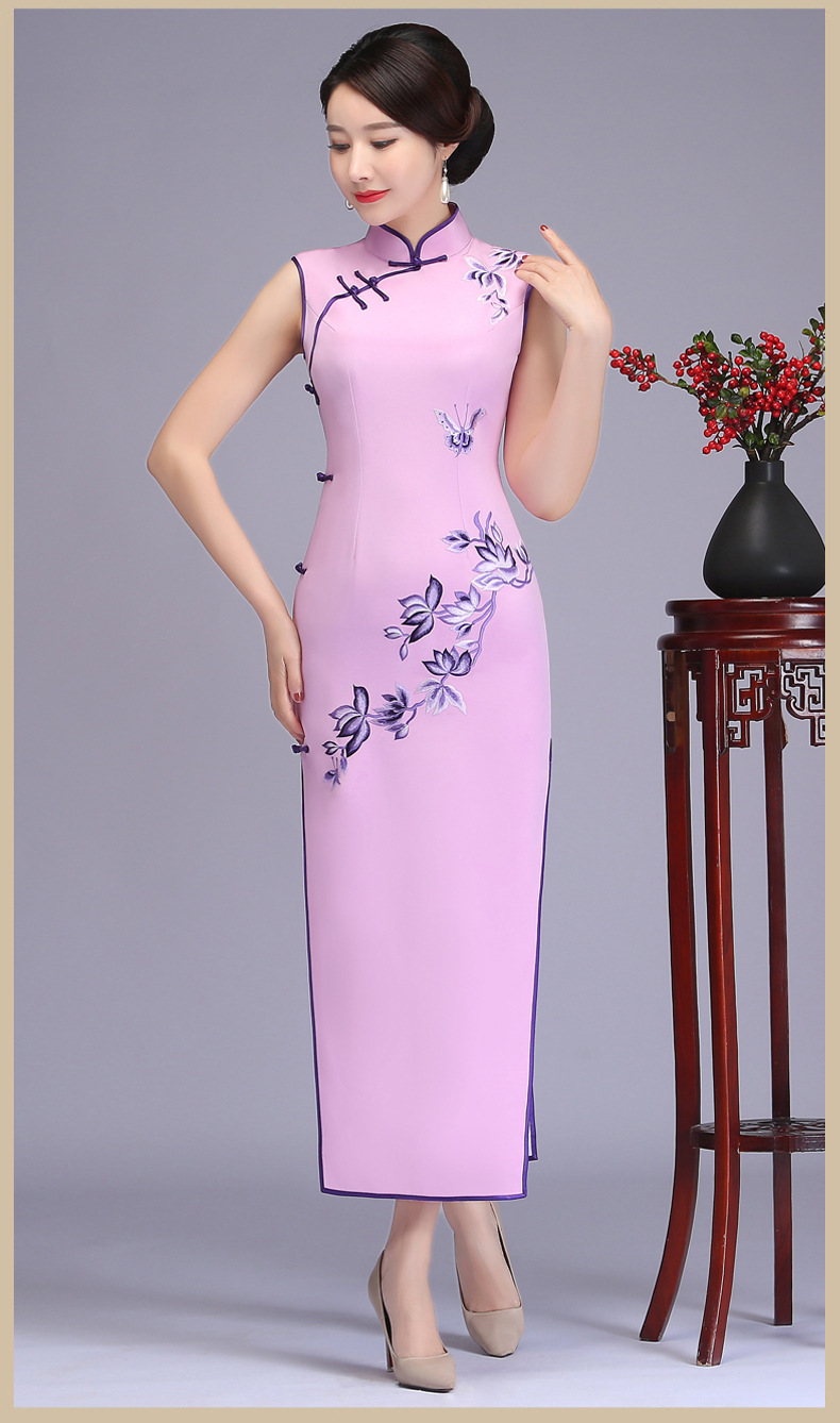 虞美记mr10140 高档苏绣刺绣重磅手工旗袍 长款真丝高档