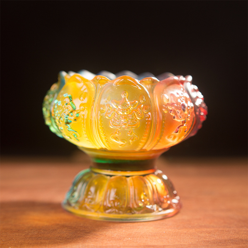 七彩琉璃供杯财神供水供佛杯密宗八吉祥摆件观音净水圣水杯八供碗