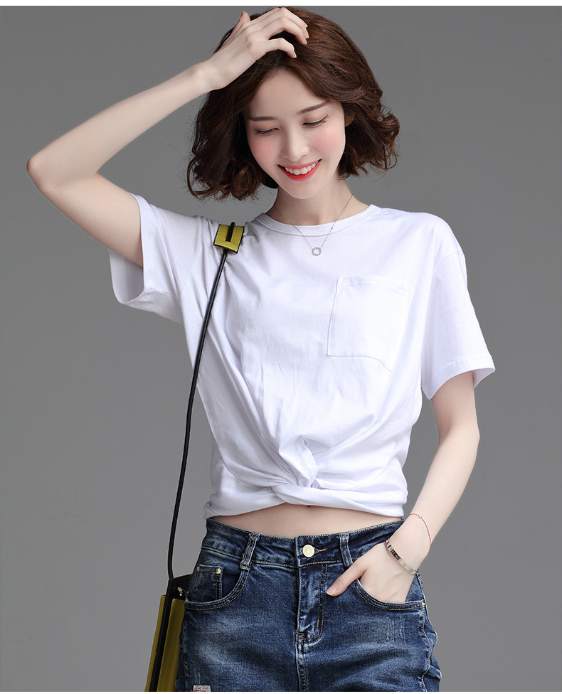 下摆打结t恤女夏短袖2018新款百搭短款个性宽松纯棉露脐收腰上衣