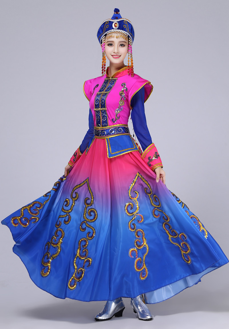 新款蒙古族演出服女成人少数民族风舞蹈服装现代蒙古袍表演服