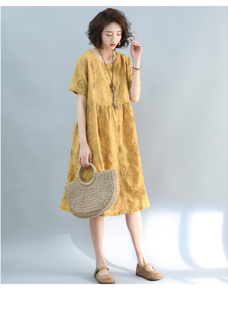 古咖服饰刺绣亚麻中长款连衣裙女夏棉麻复古文艺宽松短袖韩版女装