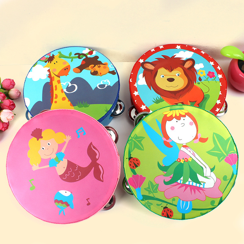 Wooden Kindergarten Children's Percussion Instrument 15cm Cartoon Dance Hand-Cranking Tambourine Music Drum Wholesale Toys