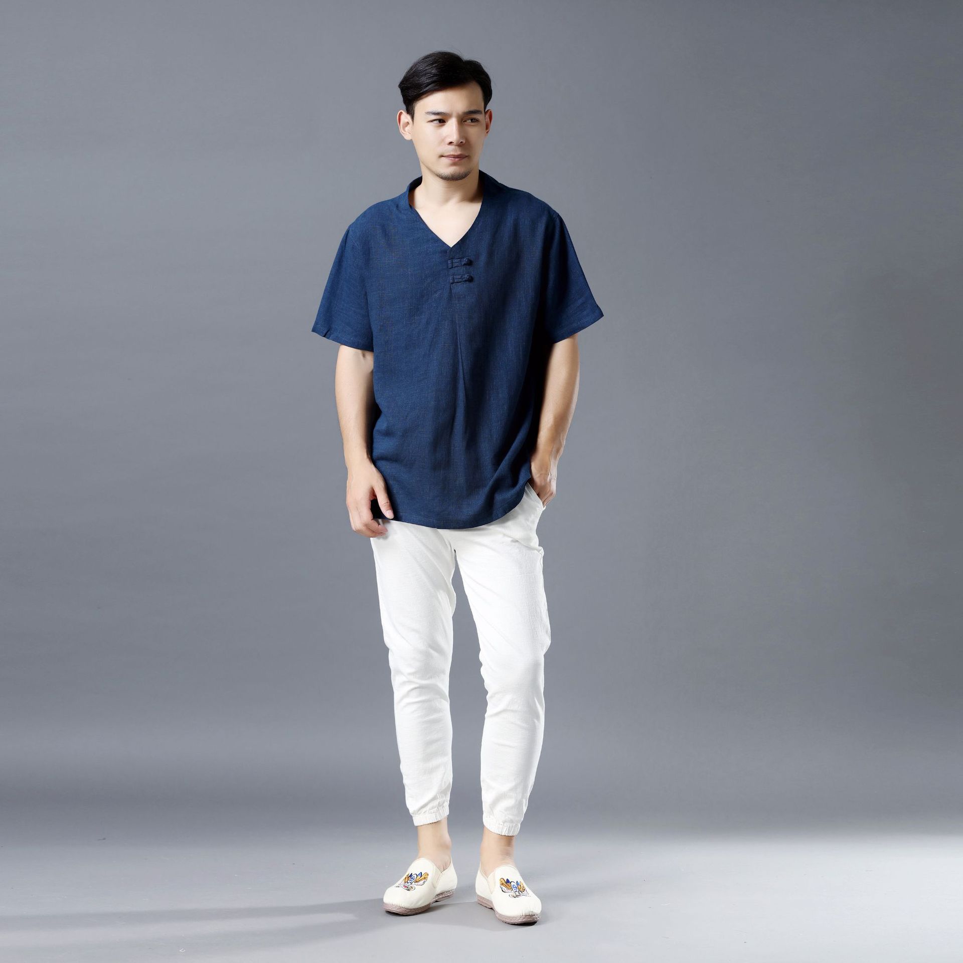 20夏季新品 两扣短袖中国风民族亚麻男装t恤砂洗麻休闲v领短袖