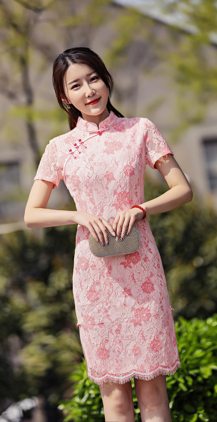 短款旗袍夏季2019新款少女修身复古日常改良蕾丝中国风旗袍连衣裙