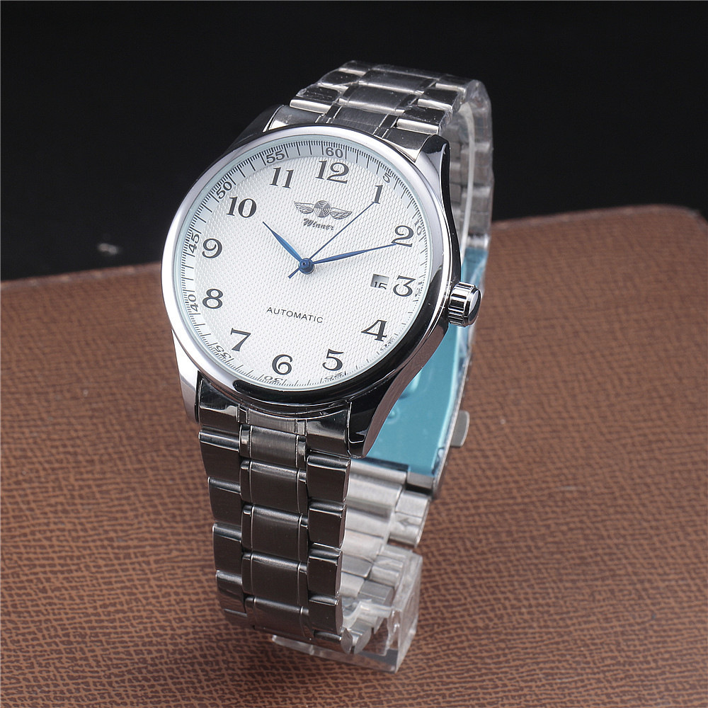 winner男士全自动钢带机械表日历阿拉伯大字简约外贸机械透背手表