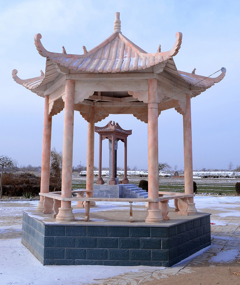 现货 大理石亭子 石材晚霞红中式景观亭 传统石头六角凉亭厂家