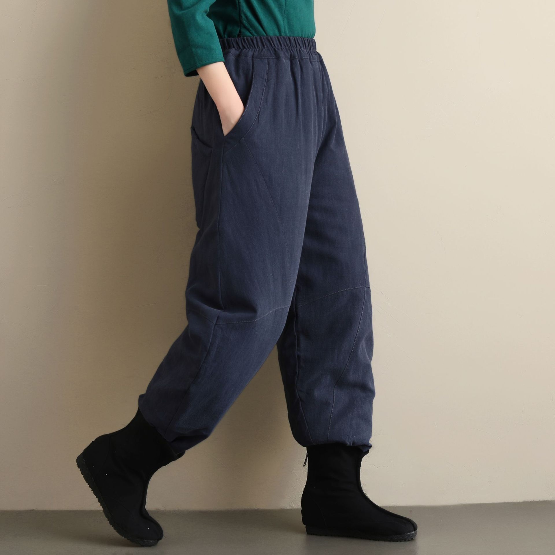 2019冬季新款双包棉裤女纯色高腰棉麻裤复古文艺风休闲裤立体剪裁