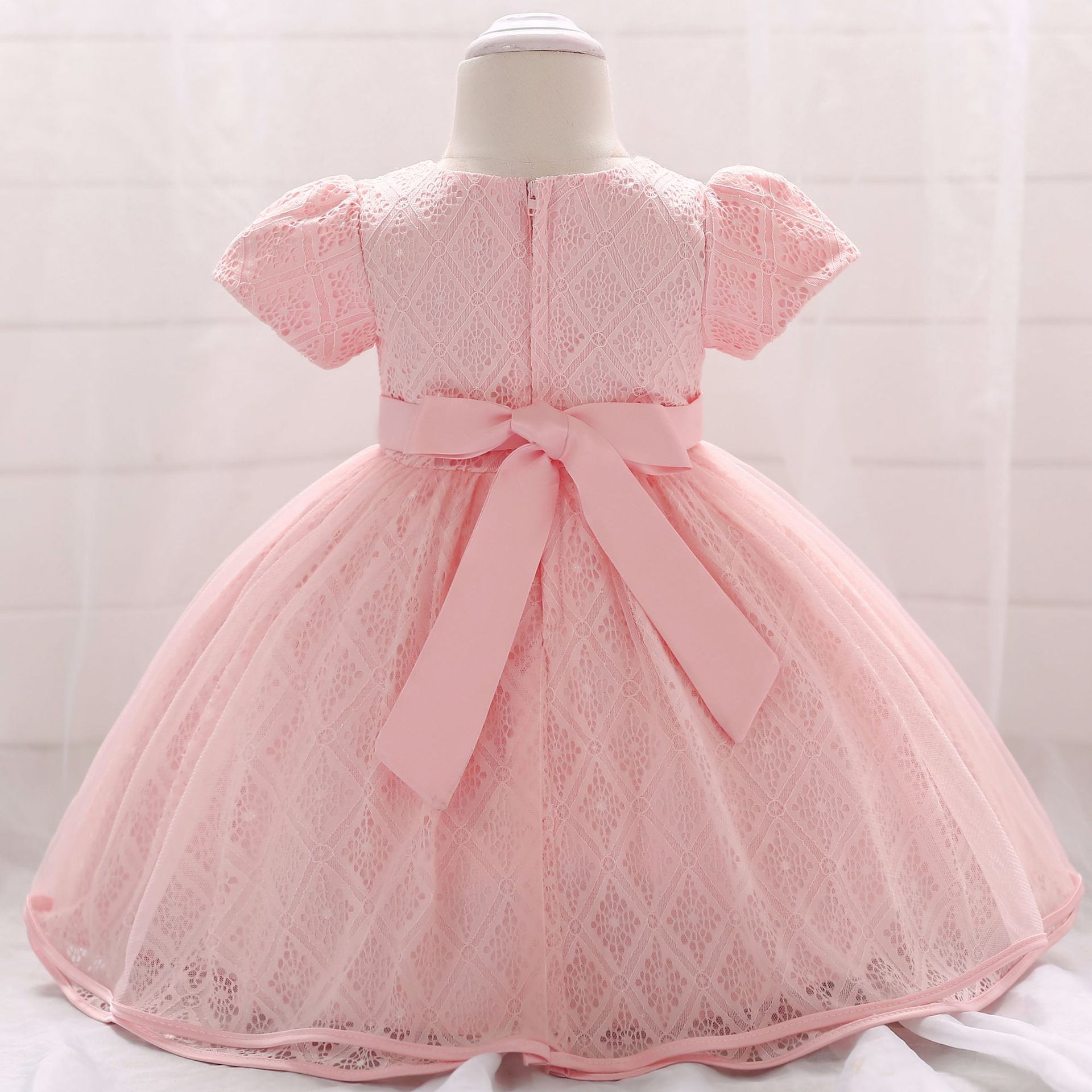 梅柯短袖婴儿礼服宝宝周岁生日满月摆酒婚纱礼服蕾丝粉色公主裙