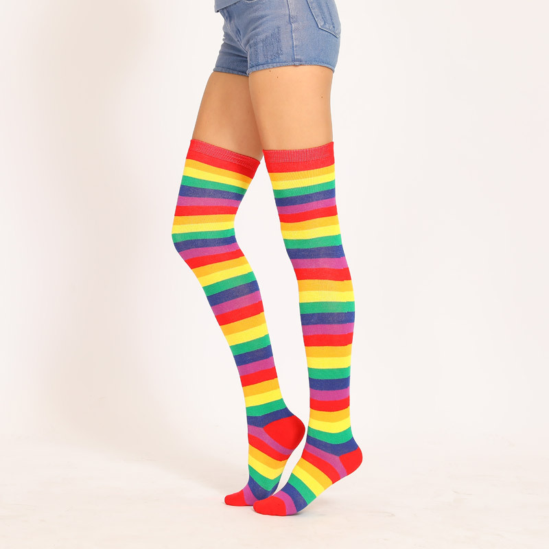 Red Colorful Socks Rainbow Stripes Knee High over-the-Knee Socks European and American plus Long