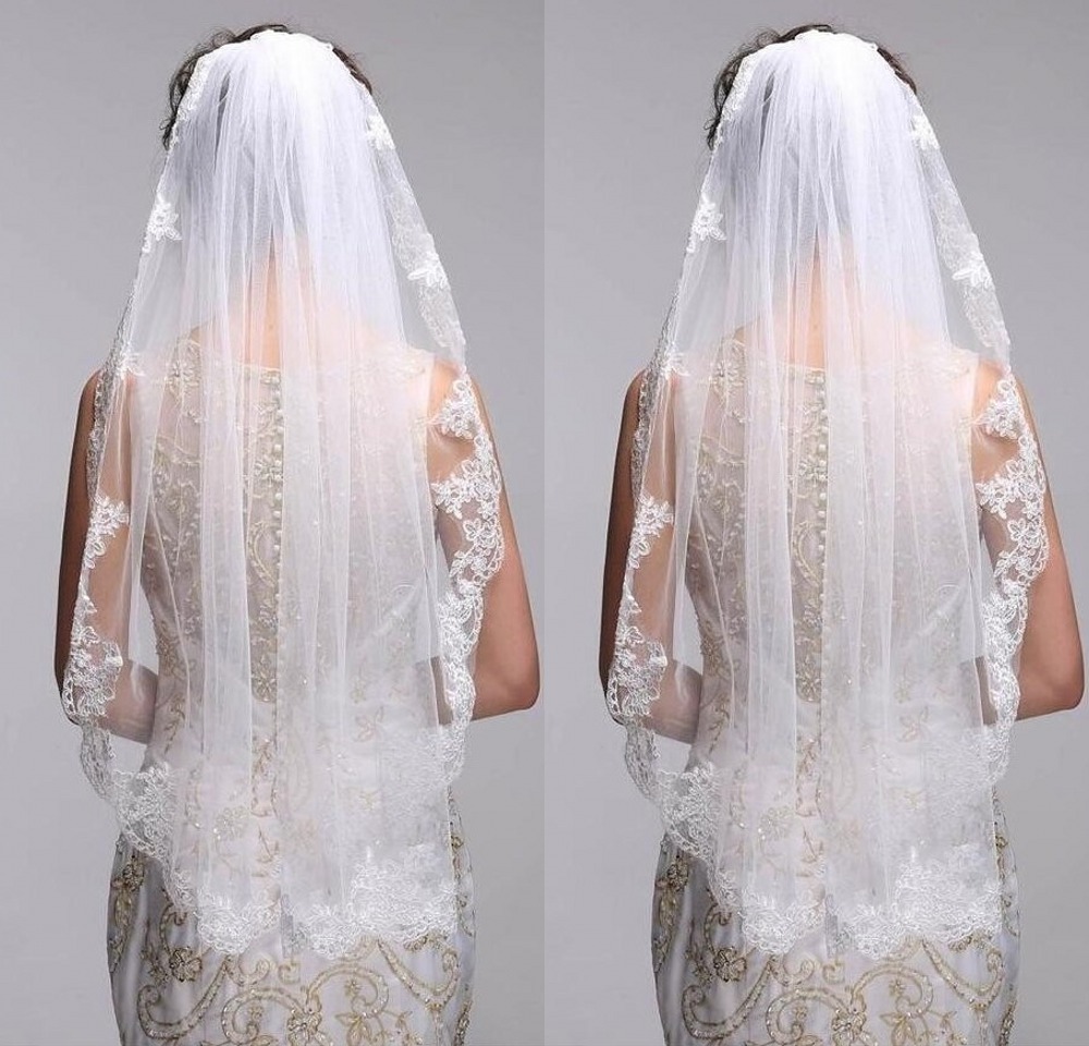 新款单层蕾丝花边新娘头纱韩版婚纱配饰头饰面纱带发梳