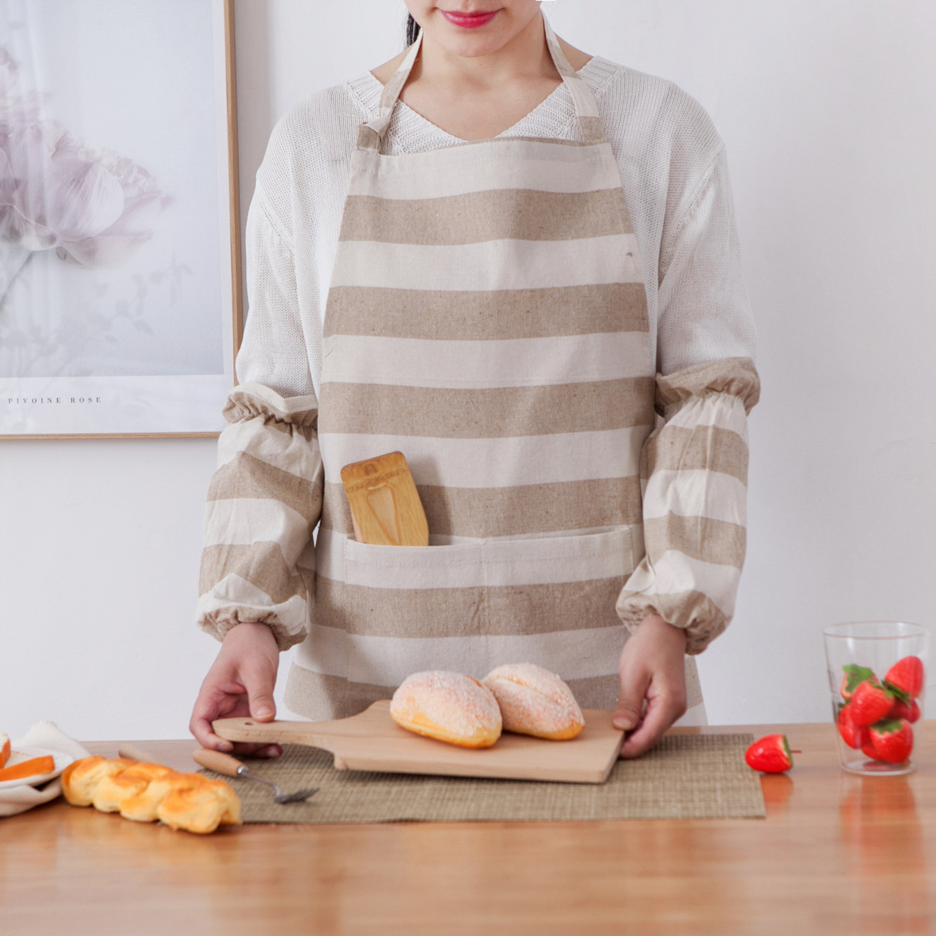 日式加厚围裙家居带口袋工作服厨房麻布艺无袖条纹围裙