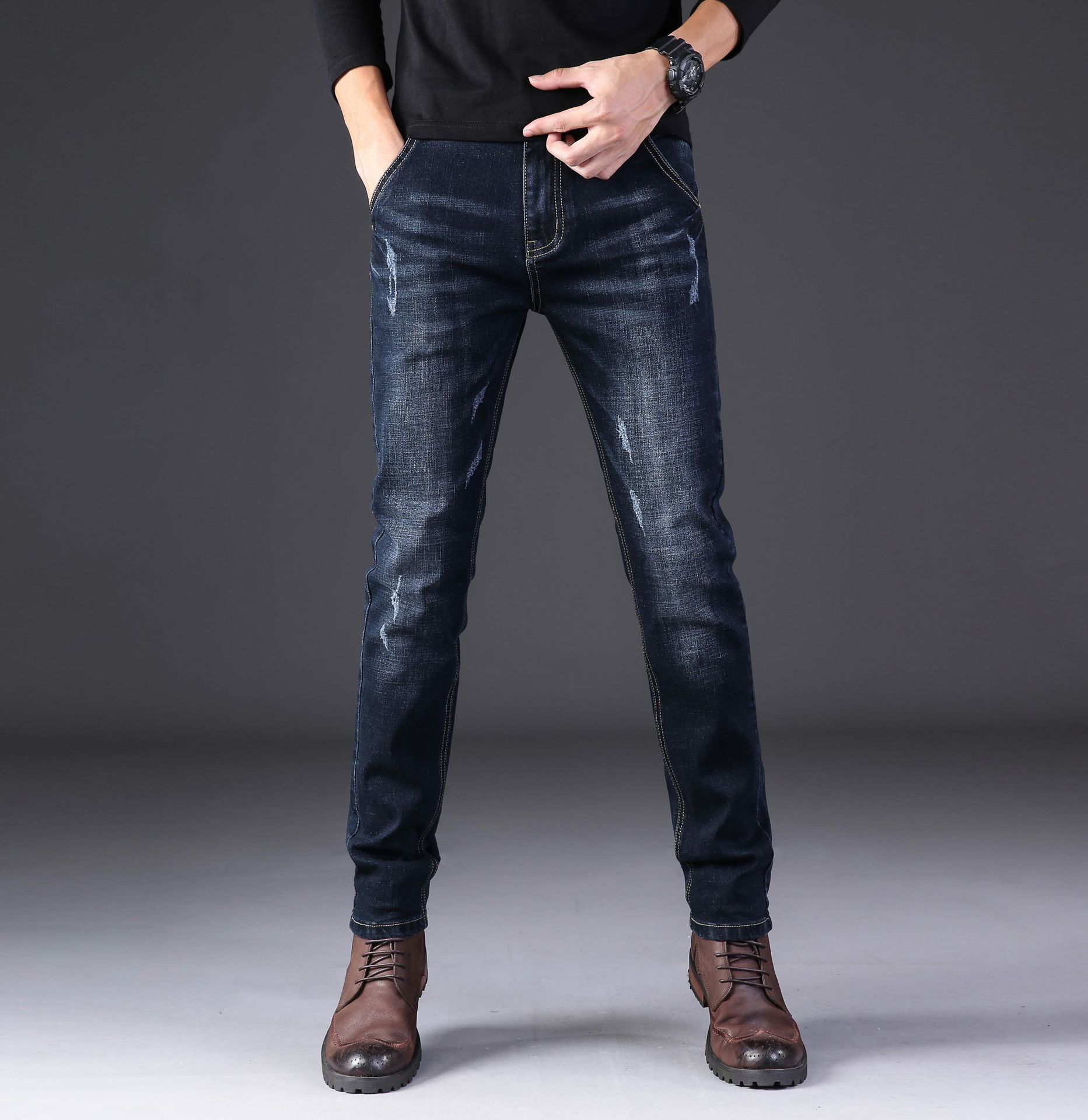 秋季新款修身弹力男士牛仔裤休闲宽松直筒长裤子男式大码男装批发