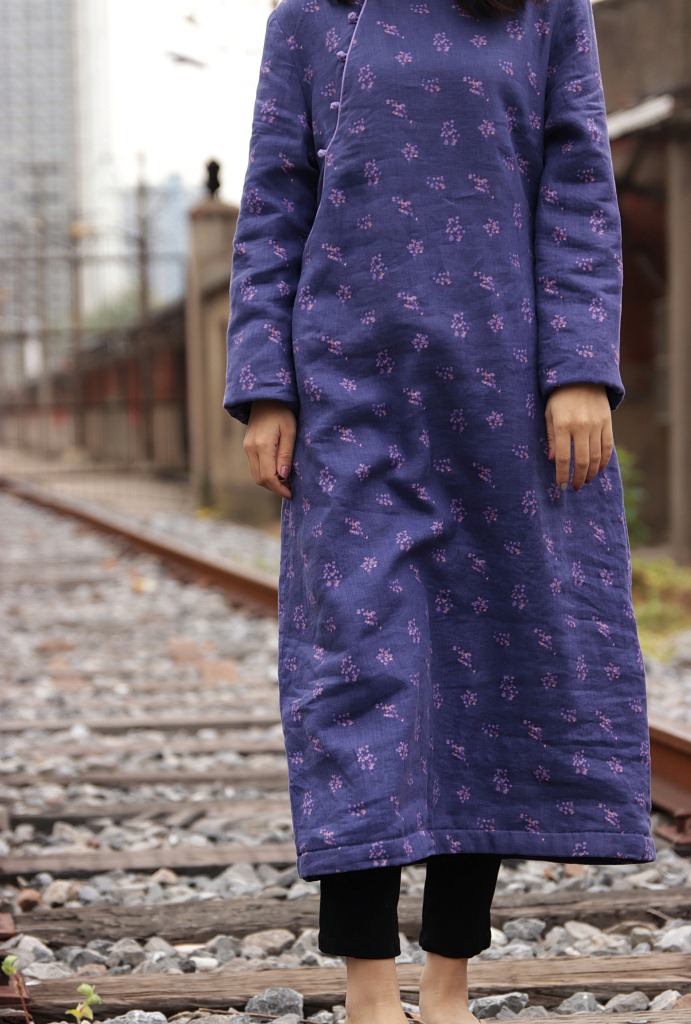 冬装新品亚麻数码印花改良盘扣棉袍子长款加绒改良旗袍裙18021