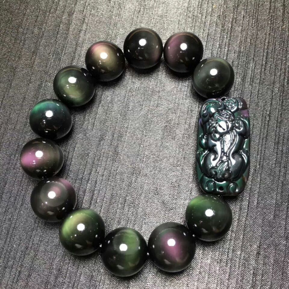 天然双彩虹眼黑曜石貔貅手排双眼男女士款手链串皮休东海水晶批发