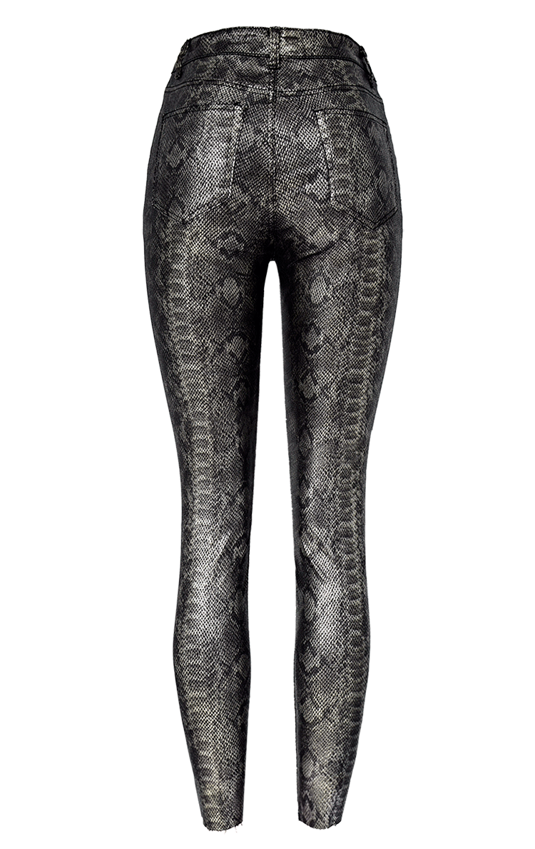 欧美女装高腰秋冬新款弹力涂层银色蛇纹仿皮裤pu牛仔小脚裤九分裤