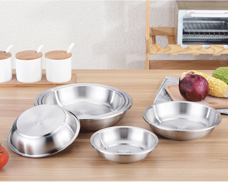 304不锈钢盘子菜盘加厚家用圆形菜碟汤盘加深平底水果盘彩塘批发