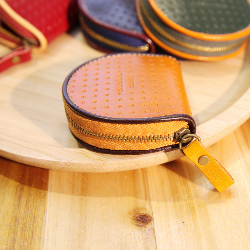 新款日式真皮零钱包手工植鞣皮硬币包头层牛皮糖果色手工零钱包