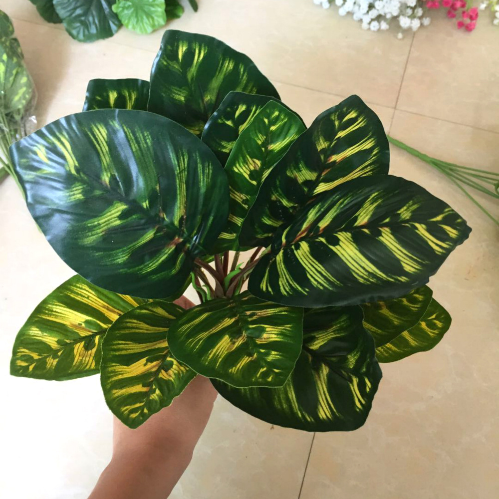 厂家直销孔雀叶仿真植物墙配材 过胶高档21叶仿真竹芋叶绿植把束