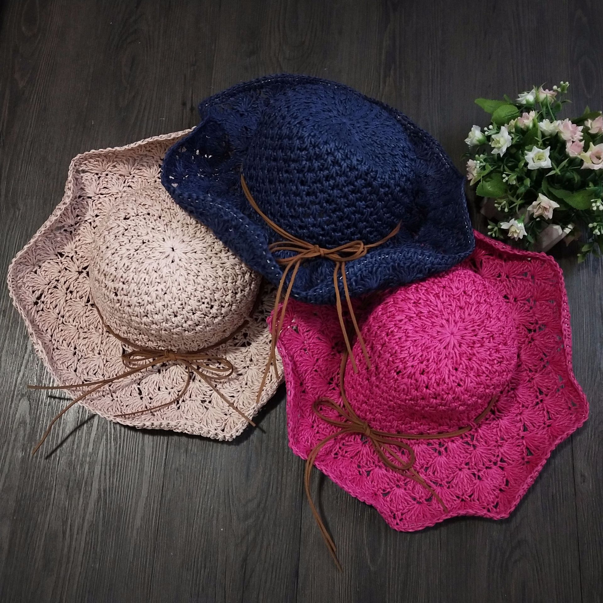 厂家直销韩版儿童女士纸绳太阳帽 手工钩针草帽