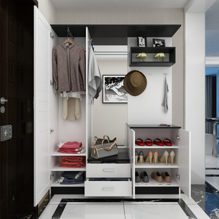 门厅柜鞋柜衣帽柜简约现代进门玄关柜多功能镜面换鞋凳组合