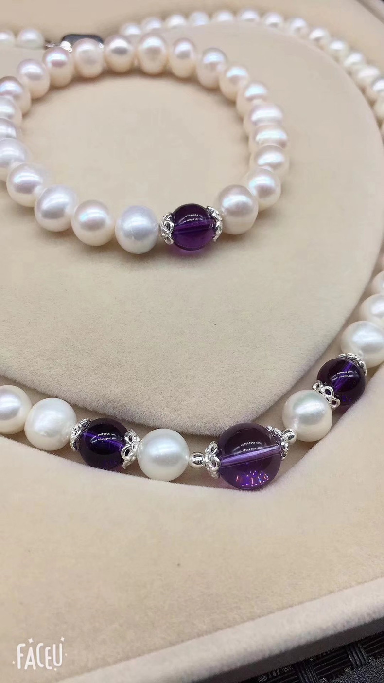 925纯银天然淡水珍珠锁骨项链紫水晶配饰母亲节妈妈节礼物套装