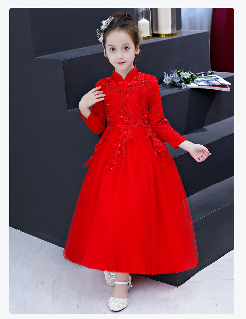 秋冬旗袍红色长袖儿童生日公主礼服蓬蓬裙女童钢琴婚礼婚纱连衣裙