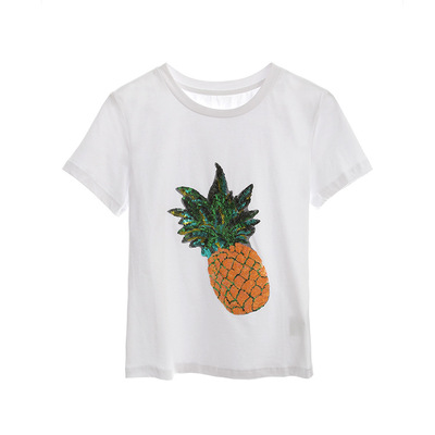 原创设计深圳南高端女装重工菠萝亮片修身纯棉短袖t恤女百搭潮牌