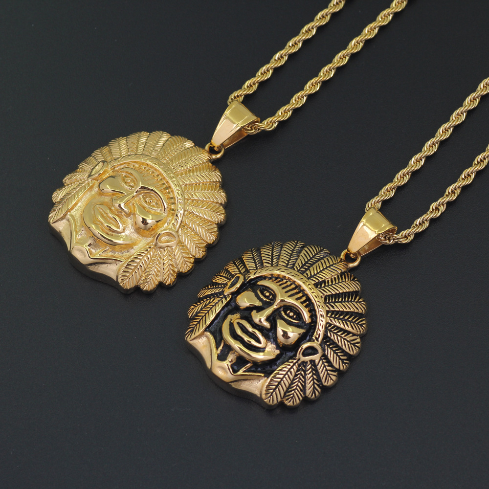 朋克复古饰品嘻哈项链 印第安人酋长战士吊坠 欧美钛钢嘻哈饰品