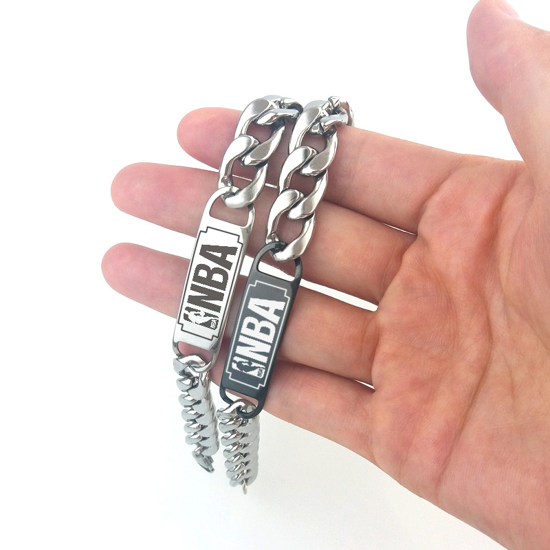 速卖通跨境专供男士简约钛钢手环手链不锈钢潮男nba篮球队刻logo