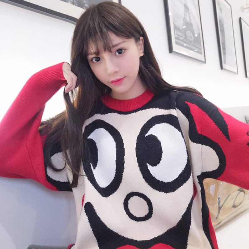 旺旺联名潮牌毛衣女2018秋冬红色卡通旺仔牛奶圆领针织衫情侣外套
