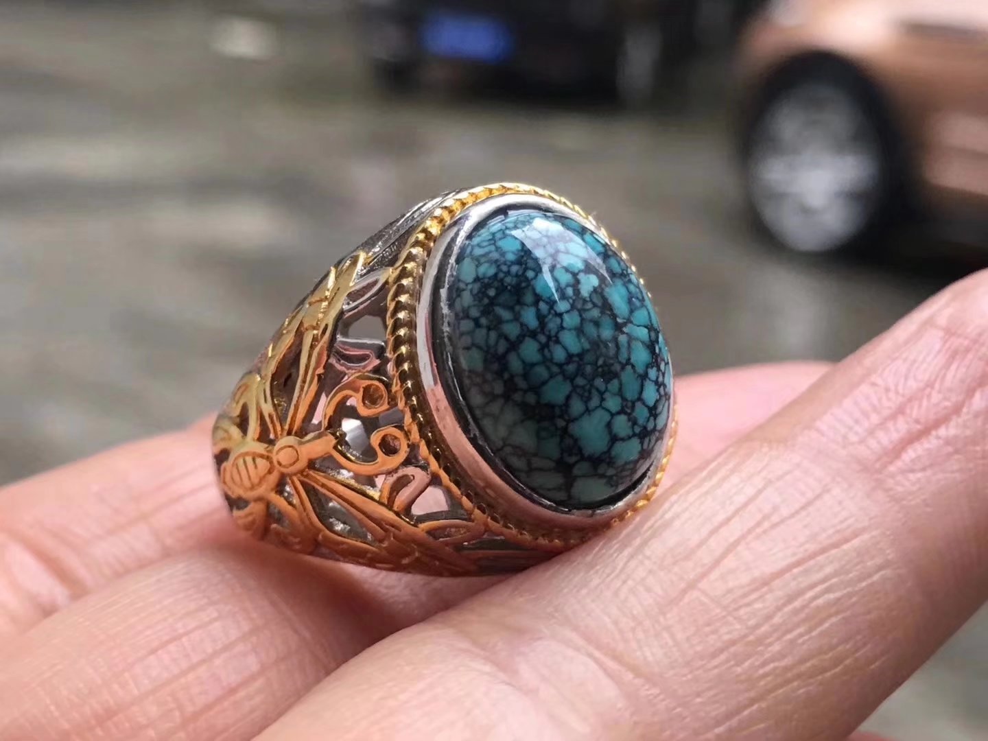 纯天然原矿绿松石网花男戒 湖北厂家批发高瓷绿松石戒指一件代发