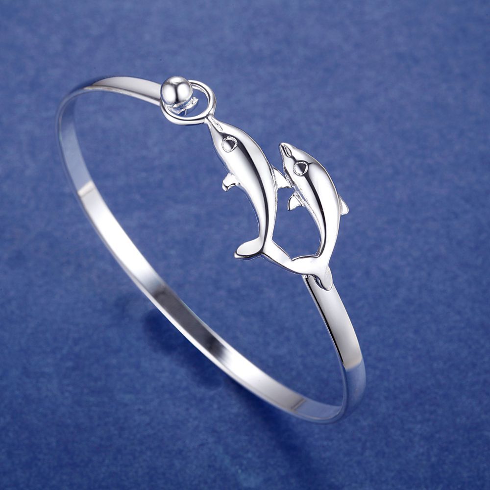 银手镯批发 银饰双海豚手镯 外贸经典货源混批 韩版潮流百搭手饰
