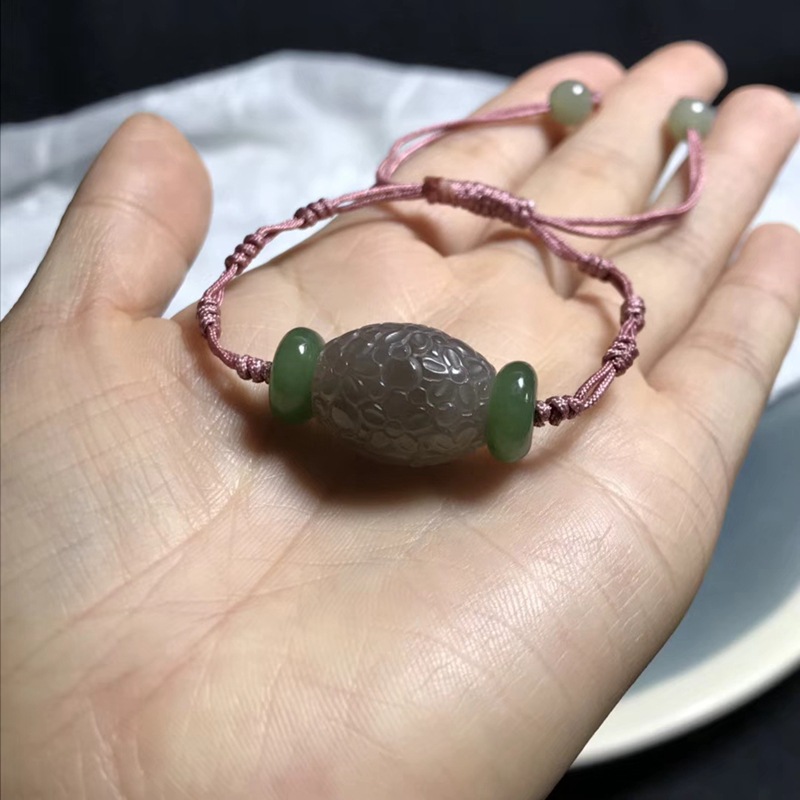 和田玉青海料烟紫色雕花珠精雕转运珠手串时来运转做工精细附证书