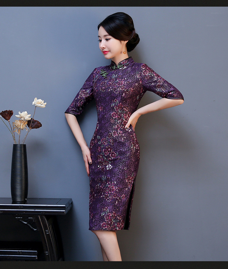 2019春秋新款蕾丝旗袍裙中长款七分袖斜襟修身中老年复古妈妈礼服