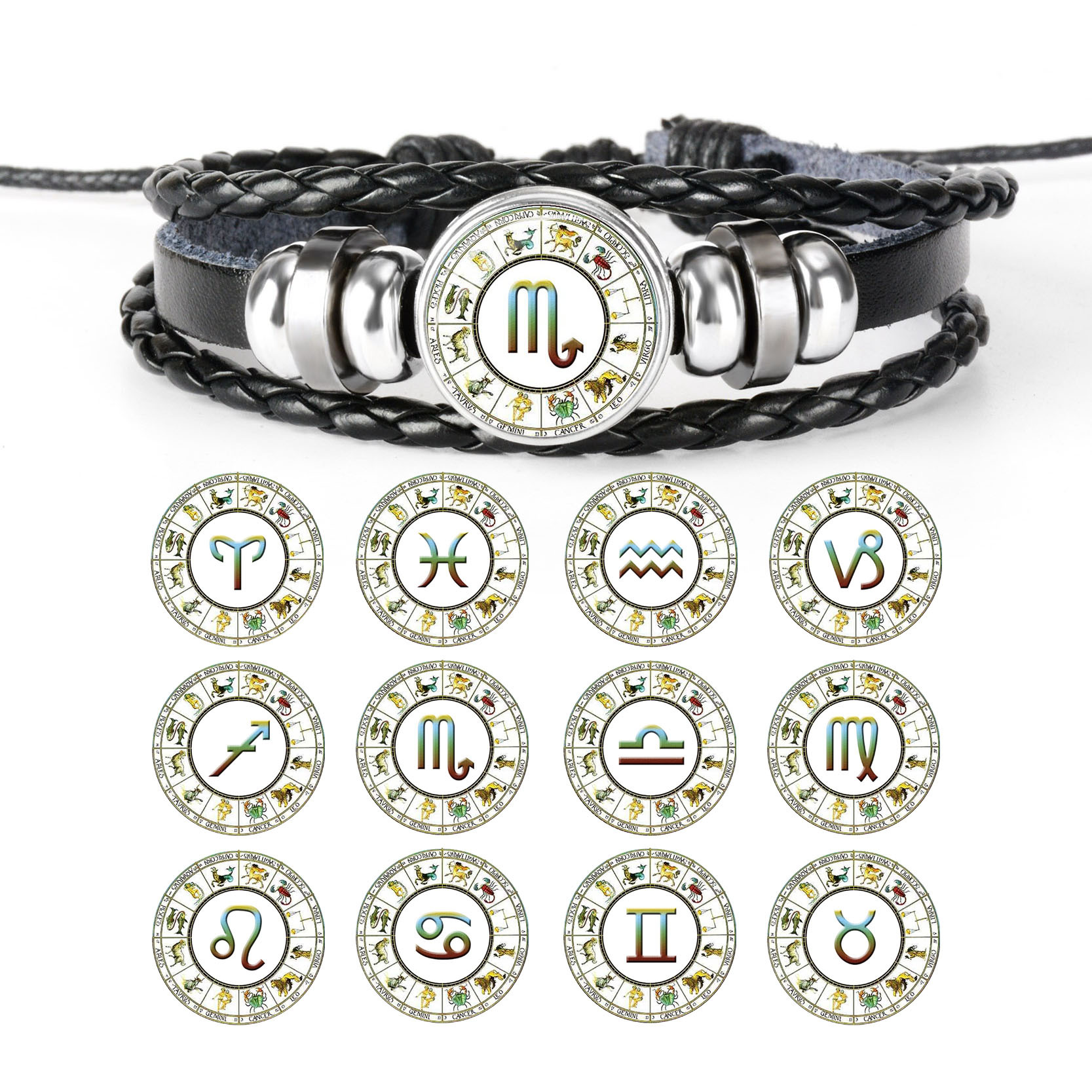 拼多多速卖通爆款12星座时光宝石皮革手链,手工编织串珠手链批发