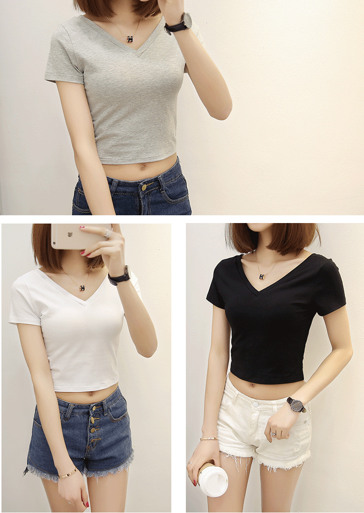 漏肚脐装韩版夏白色修身v领高腰短款t恤女短袖紧身上衣