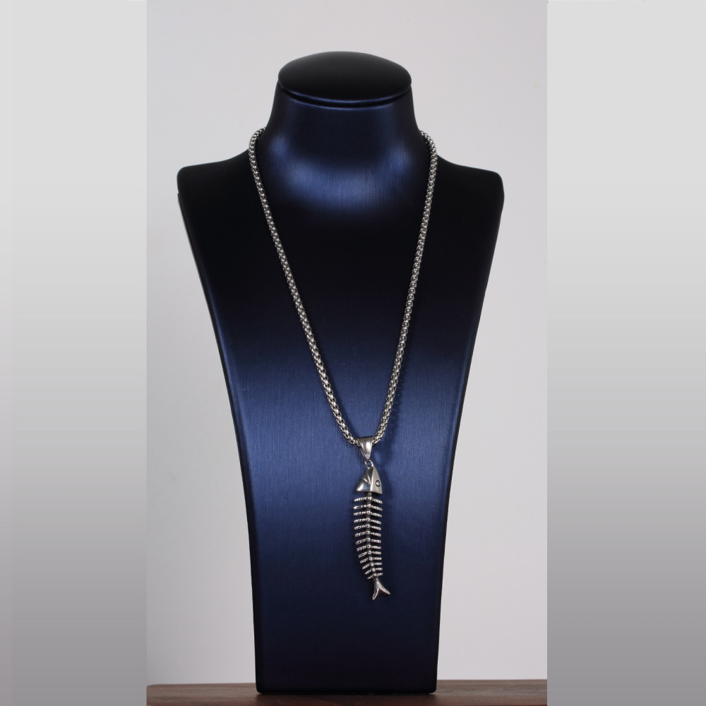 男士鱼骨头项链不锈钢复古吊坠 钛钢饰品批发 跨境亚马逊货源