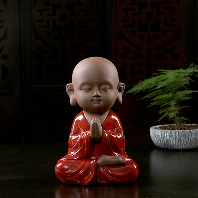 紫砂禅意祈福小和尚陶瓷大号可爱小沙弥书柜装饰品工艺品摆件摆设