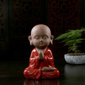 紫砂禅意祈福小和尚陶瓷大号可爱小沙弥书柜装饰品工艺品摆件摆设
