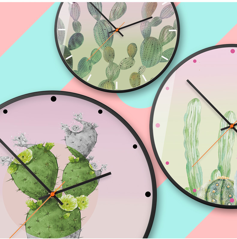 ins小清新绿植挂钟 客厅卧室圆形时钟 仙人掌创意静音挂壁钟 o140