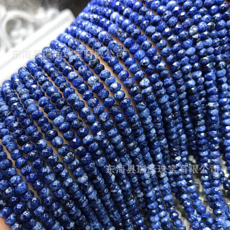 天然蓝纹石切面盘珠半成品 蓝纹石刻面散珠 diy饰品配珠批发供应