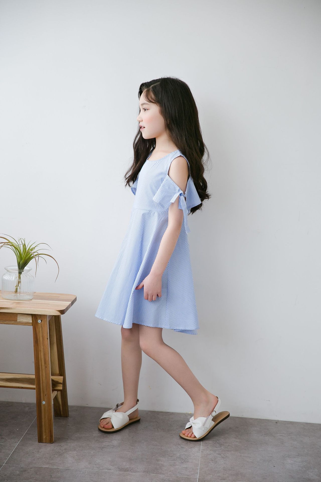 女童露肩连衣裙2017夏装新款童装韩版儿童条纹裙中大童公主裙子潮