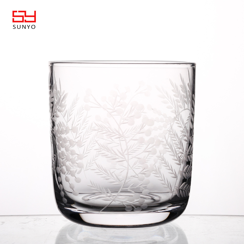精美家用玻璃水杯人工吹制刻花玻璃杯无铅钠钙玻璃口杯凉水杯