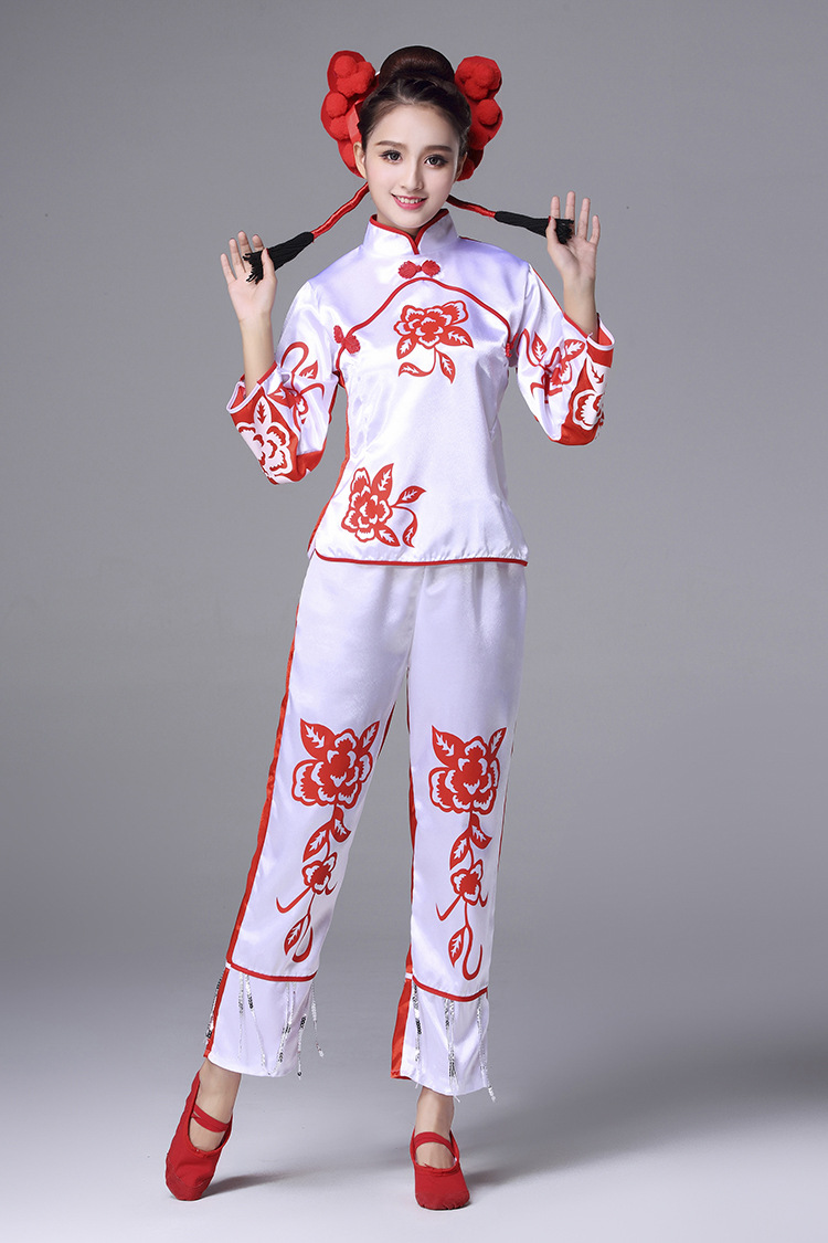新款剪纸姑娘服装舞蹈演出服女两面穿民族秧歌服成人舞台表演比赛