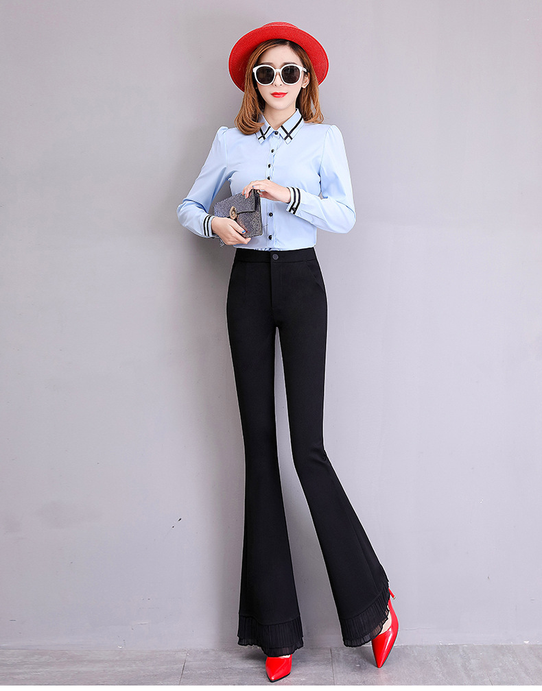 实拍2019春秋女裤高腰弹力直筒微喇裤修身显瘦喇叭裤大码长裤