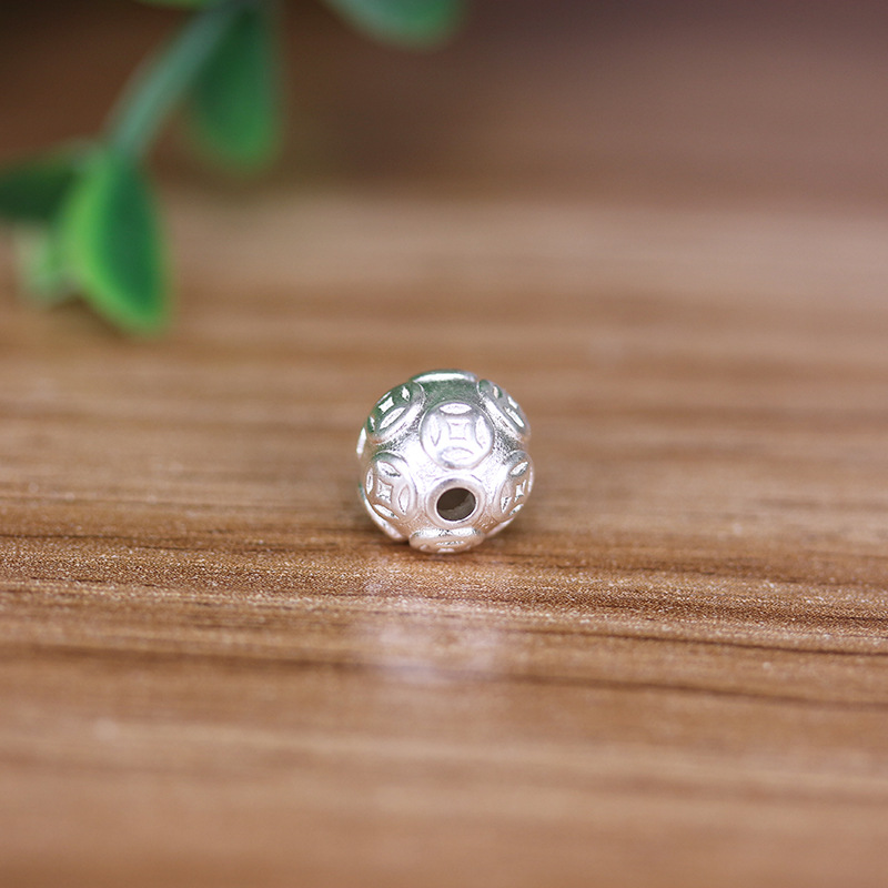 999足银金钱路路通圆珠 3d硬银铜钱纹路编绳串珠 diy饰品配件批发