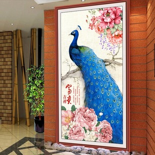 精准印花十字绣富贵吉祥蓝孔雀图2018新款线绣客厅风景画竖版玄关