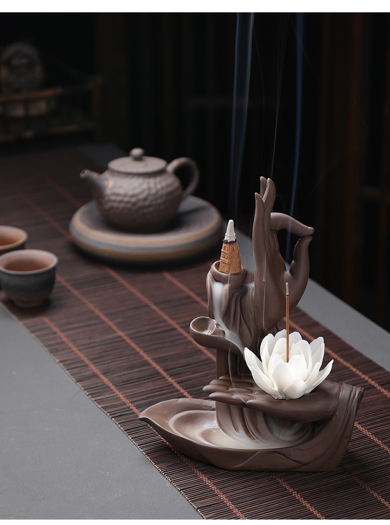 紫砂倒流香炉禅意佛手悬空时来运转檀香炉室内家用香薰炉创意摆件