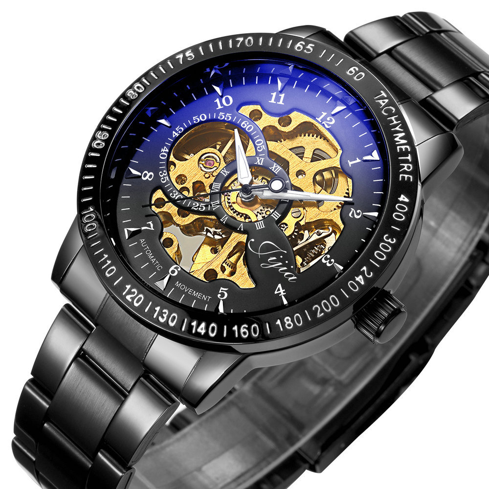 jijia镀膜蓝玻璃大镂空自动机械表双透视黑色机械表