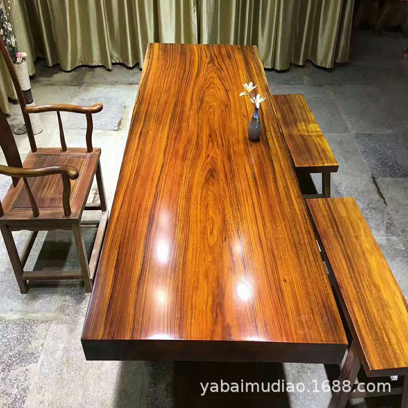 奥坎实木大板茶桌黄花梨茶板原木胡桃木办公会议桌中式书桌3组